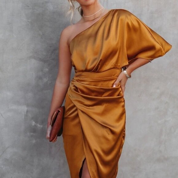 One-Shoulder Satin Wrap Dress with Side Slit | Sheath Formal Midi Dress - Picture 4 of 9